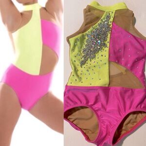 Patrick J dance custom Solo neon pink yellow gravity leotard bedazzled LC child